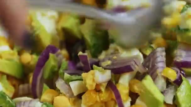 Gros plan du chef mélange les ingrédients de la salade de légumes dans un bol. Préparation de la salade de légumes — Video
