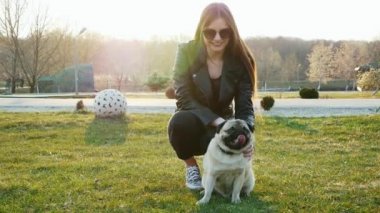 Güneşli parkta mutlu köpek tırmalayan bir kadın..