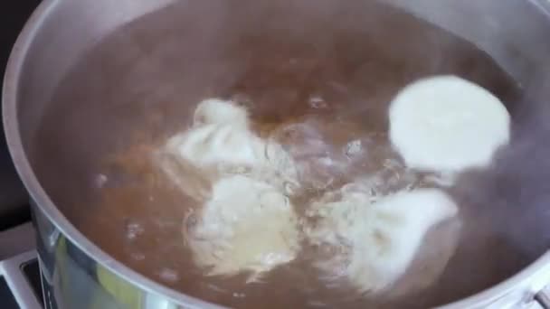 Cook prepara la comida nacional georgiana de Khinkali. Khinkali en agua hirviendo . — Vídeos de Stock