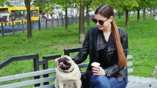 Милая белая женщина со смешной собакой-мопсом сидит на скамейке и пьет кофе. — стоковое видео
