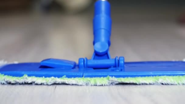 Woman cleaning laminate floors in the room using microfiber mop, front view — Stock Video