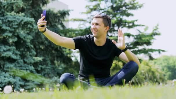 Мужчина разговаривает в видеочате по мобильному телефону, сидит на траве в парке и разговаривает с друзьями по видеосвязи — стоковое видео
