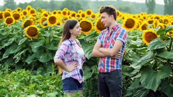 Dos agricultores sacuden un trato, hombre y mujer en la esfera agraria, hablando en un campo de girasoles — Vídeo de stock