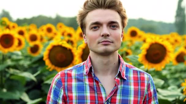 Portré fiatal sikeres gazdálkodó nézi a kamerát, és mosolyogva a háttérben egy mező napraforgók — Stock videók