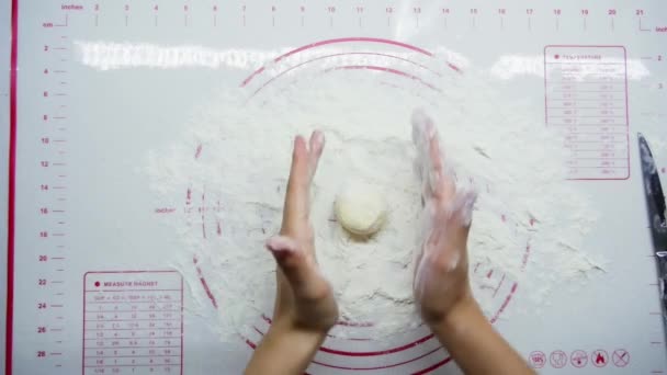 Üst görünüm: kadın elleri lezzetli cheesecakes pişirme, hamur, süzme peynir ve un formları — Stok video