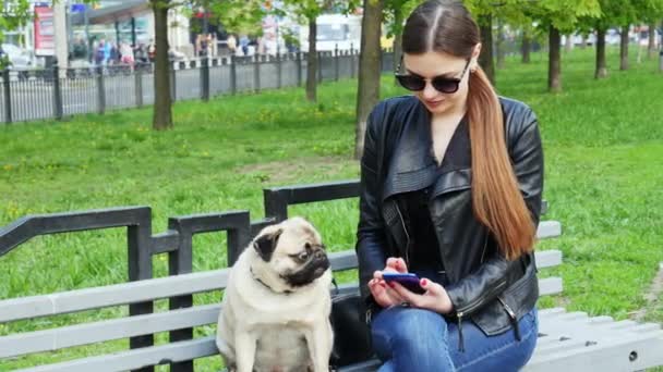 Žena, která používá mobilní telefon na ulici, srandovní psí pes ležící na lavičce