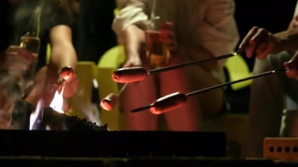 Primo piano di salsicce su bastoncini arrosto sul fuoco, un gruppo di persone che si rilassano vicino al falò, amici che si accarezzano bottiglie di birra — Video Stock