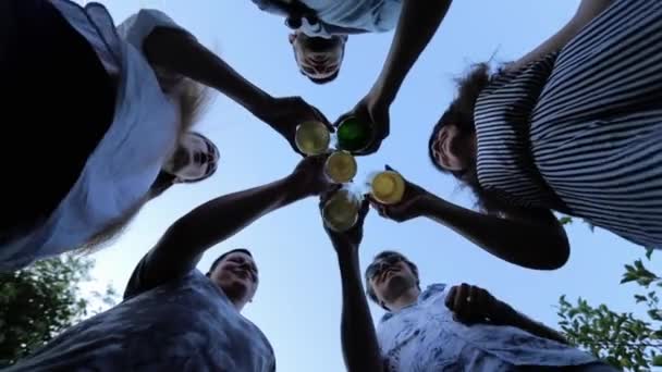 Bottom View: groep vrienden Clink met bierflessen en drinken tegen de hemel op zomerfeest — Stockvideo