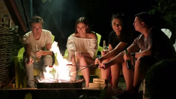 Ευτυχισμένοι φίλοι κάθονται κοντά στην πυρά τη νύχτα, ψήνοντας λουκάνικα, μιλώντας και πίνοντας μπύρα από το μπουκάλι — Αρχείο Βίντεο