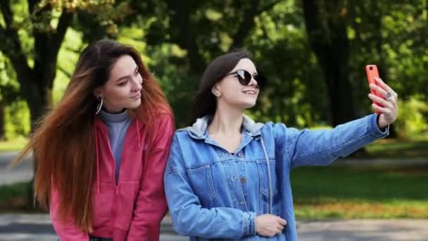 Δύο ευτυχισμένοι κορίτσια φίλοι κάνουν selfie στο κινητό τηλέφωνο στο πάρκο της πόλης — Αρχείο Βίντεο