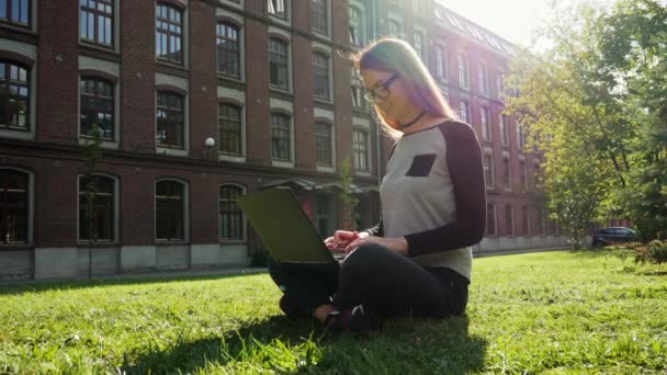 Estudiante hermosa y moderna o freelancer que trabaja en un ordenador portátil, sentado en un parque en el césped verde en el campus — Vídeo de stock