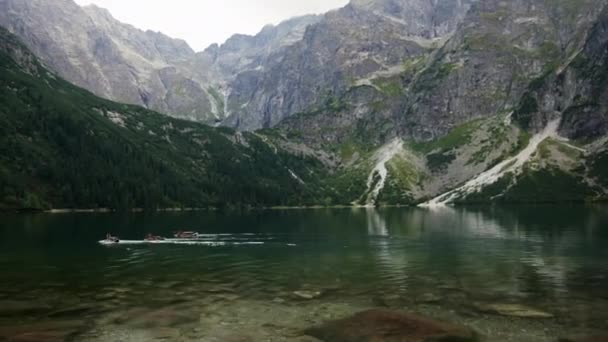 Hejno divokých kachen plaví do dálky v horském jezeře