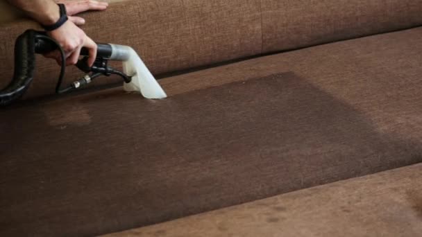 Close-up of washing cleaner cleans the sofa and removes dirt, professional cleaning service — Stock Video