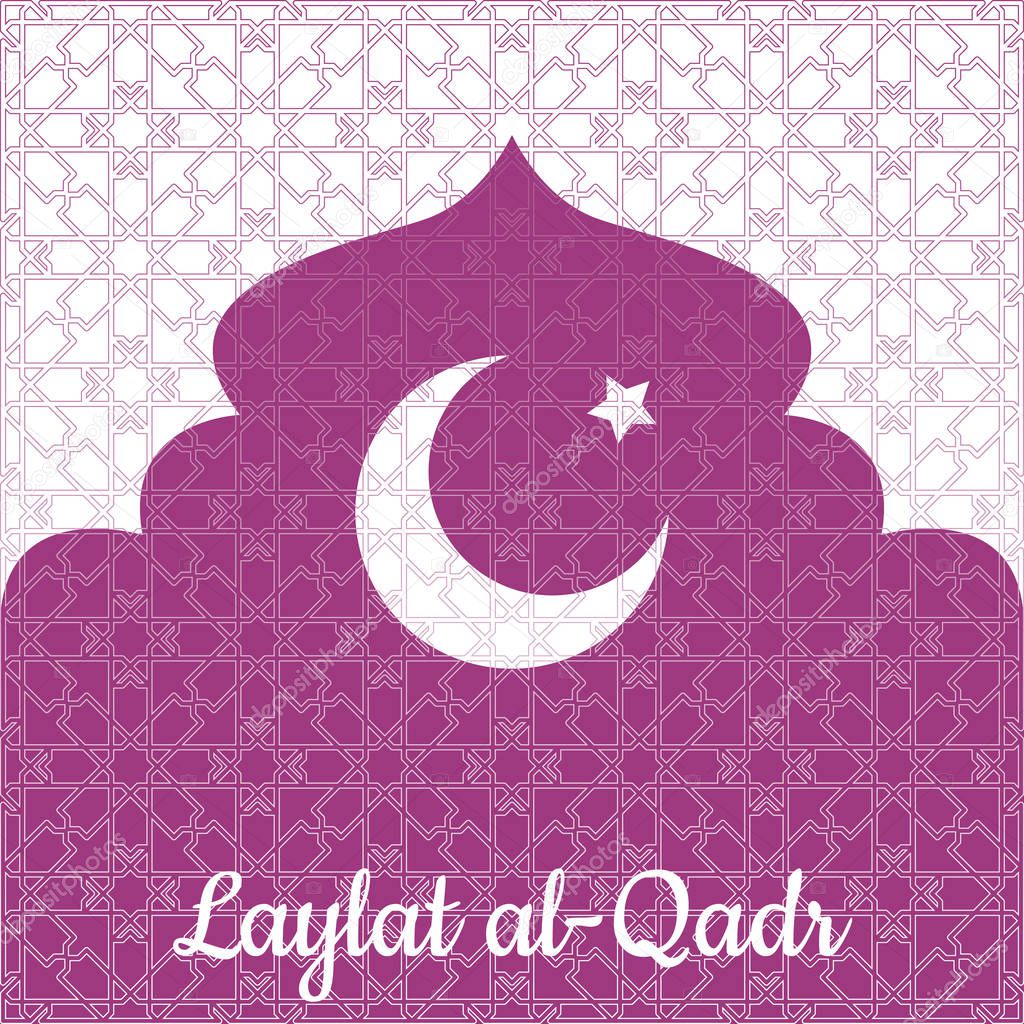 Laylat al-Qadr. Concept of the Islamic religion holiday. Symbolic silhouette of the mosque. Crimson shades of color. White background. Paper style. Moon and star. Background pattern of arabesque