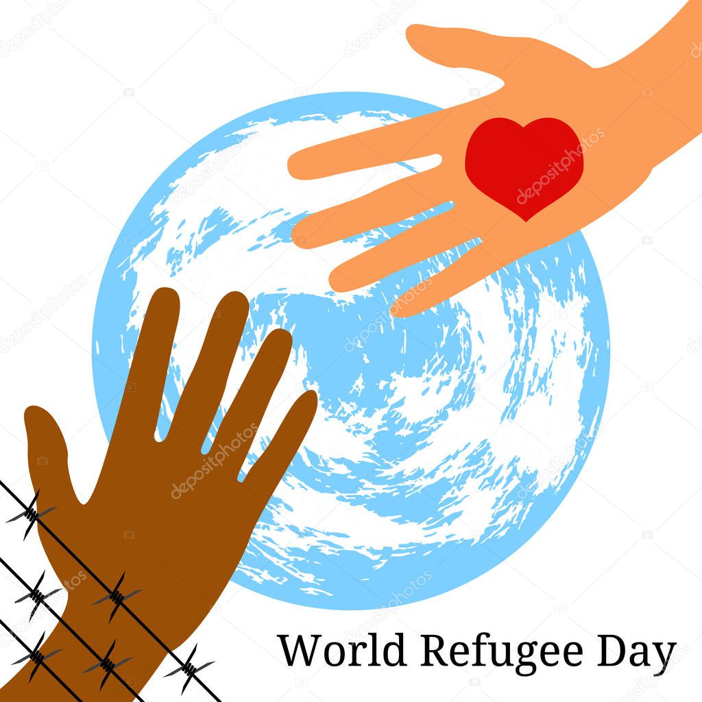 World Refugee Day. Concept of social event. 20 June. The hand behind the barbed wire stretches to the hand with the heart. Symbolic planet Earth