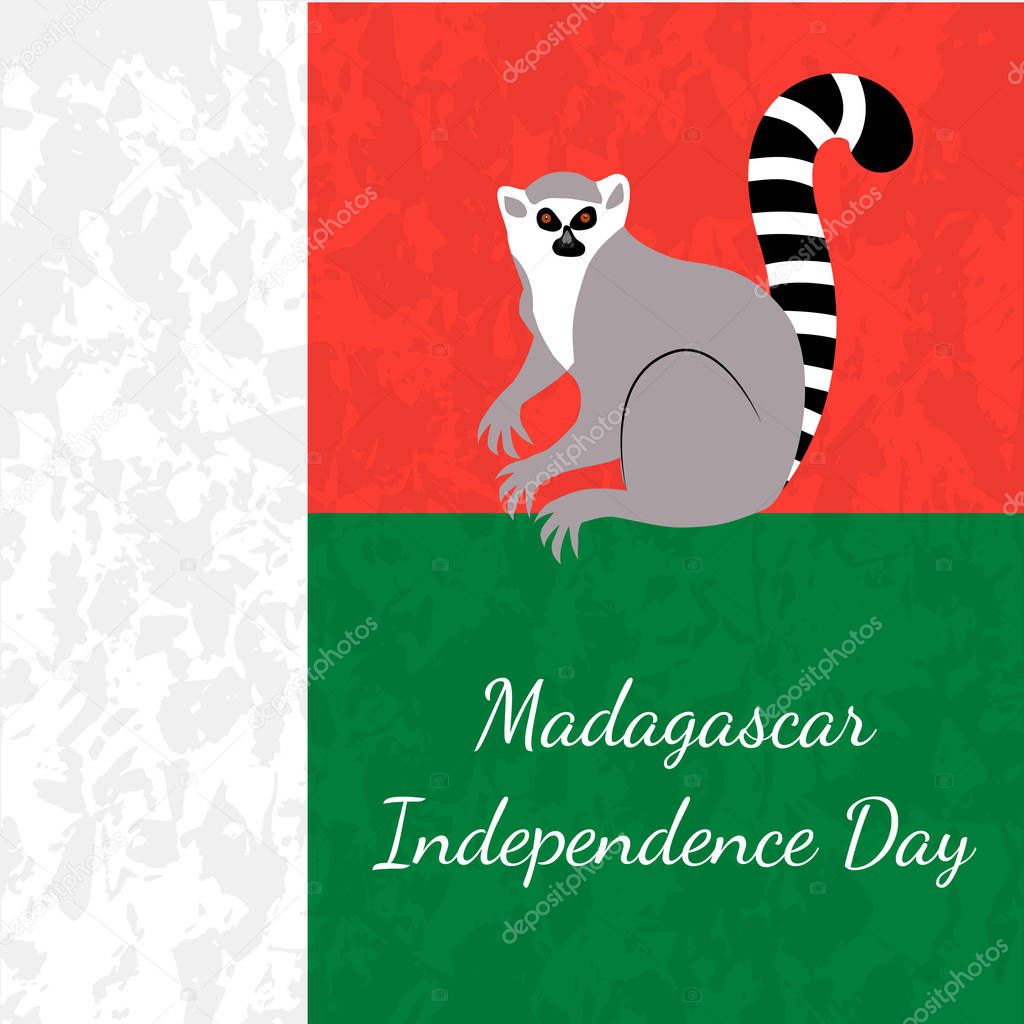 Independence Day in Madagascar. 26 June. Concept of a national holiday. Flag of Madagascar, lemur, grunge texture