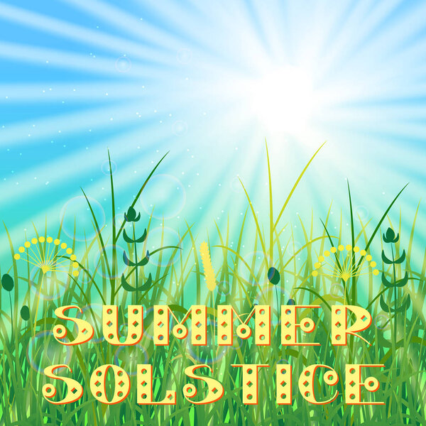 Концепция летнего солнцестояния. Небо, пятно, полевая трава, солнце, солнечные лучи. Отдых на природе, в лесу, на даче в сельской местности. Письмо. 21 июня
