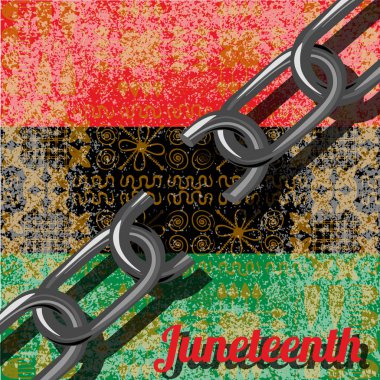 Juneteenth, özgürlük günü. Afro-Amerikan Bağımsızlık günü, 19 Haziran. Ulusal tatil kavramı. Kırık zinciri. Arka plan - Afrika süsler. Pan-Afrika bayrak, Unia