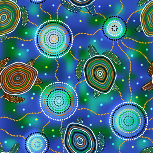 Australian Aboriginal Art Punto Dibujo Tortugas Marinas Medusas Patrón Sin — Vector de stock