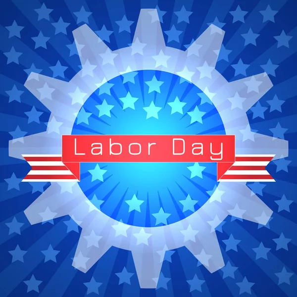 Labor Day in the United States. Concept of a national holiday. 3 September. Gears, tape with text - event name. Blue background, rays from the center, stars.