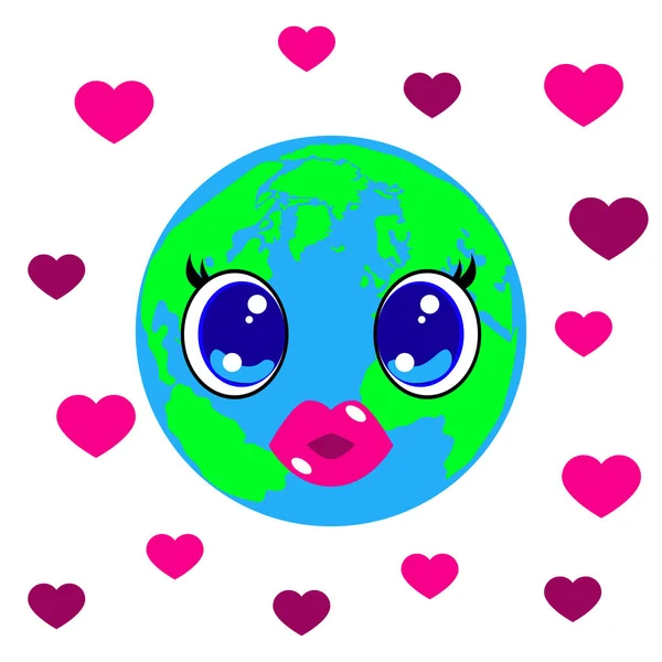 Weltkuss Tag Juli Kawai Style Augen Und Lippen Planet Erde — Stockvektor