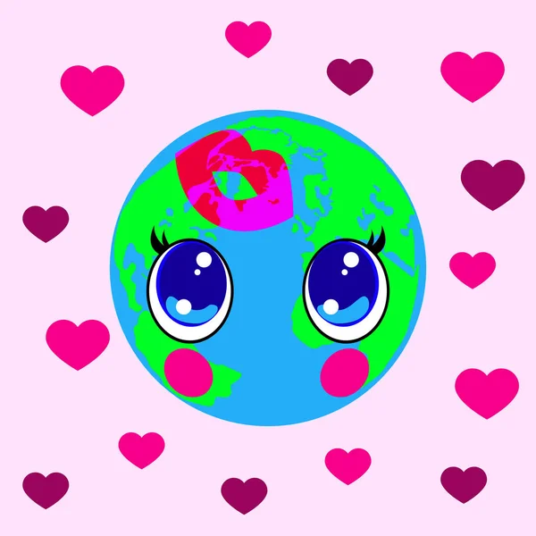 Weltkuss Tag Juli Kawai Style Augen Und Lippen Planet Erde — Stockvektor