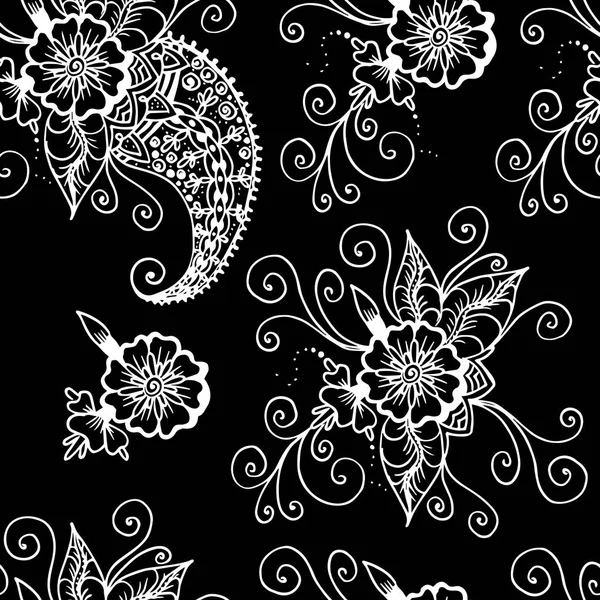 Flowers Paisley Abstract Linear Drawing Seamless Pattern White Black Background — Stock Vector