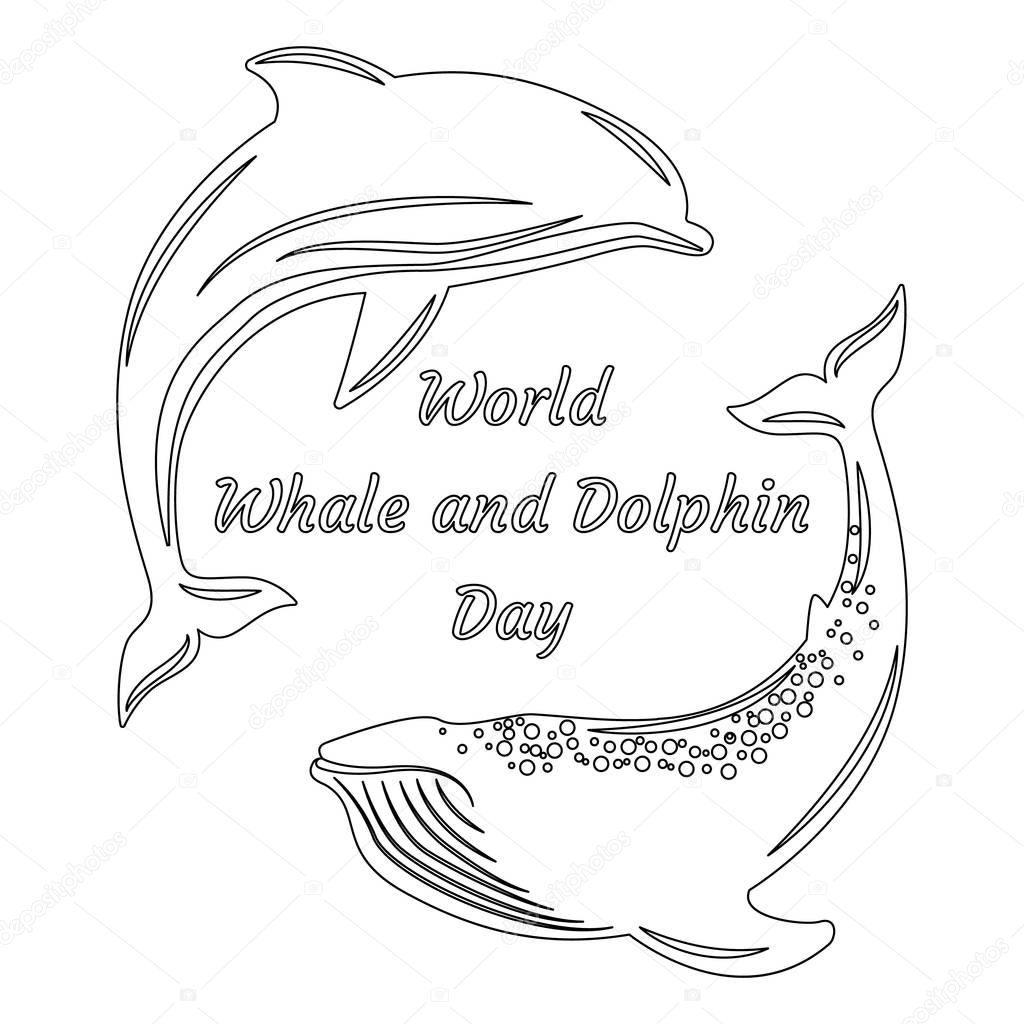 World Whale and Dolphin Day. 23 July. Concept of ecological holiday. Silhouettes Dolphin and Whale. Event name
