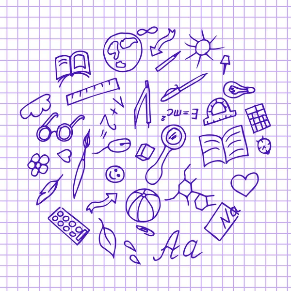 Okula dönüş. Olay kavramı. Okul ve çalışma sembolleri ile el çizimleri kümesi. Arka plan - sayfa bir okuldan defter kare..