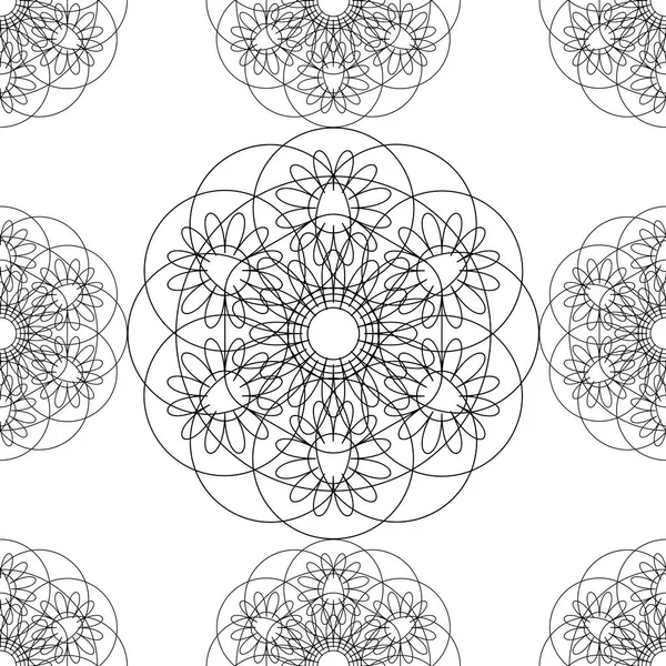 Flower Mandala Linear Graphics Seamless Pattern Geometric Symmetrical Drawing White — Stock Vector