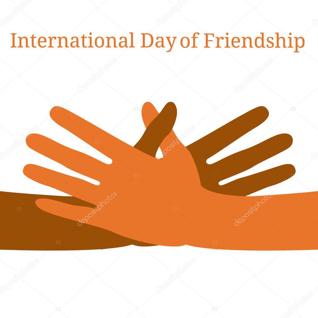 International Day of Friendship. 30 July. Concept of a peaceful holiday. Hands of people of different nationalities. They stretch to make a handshake.