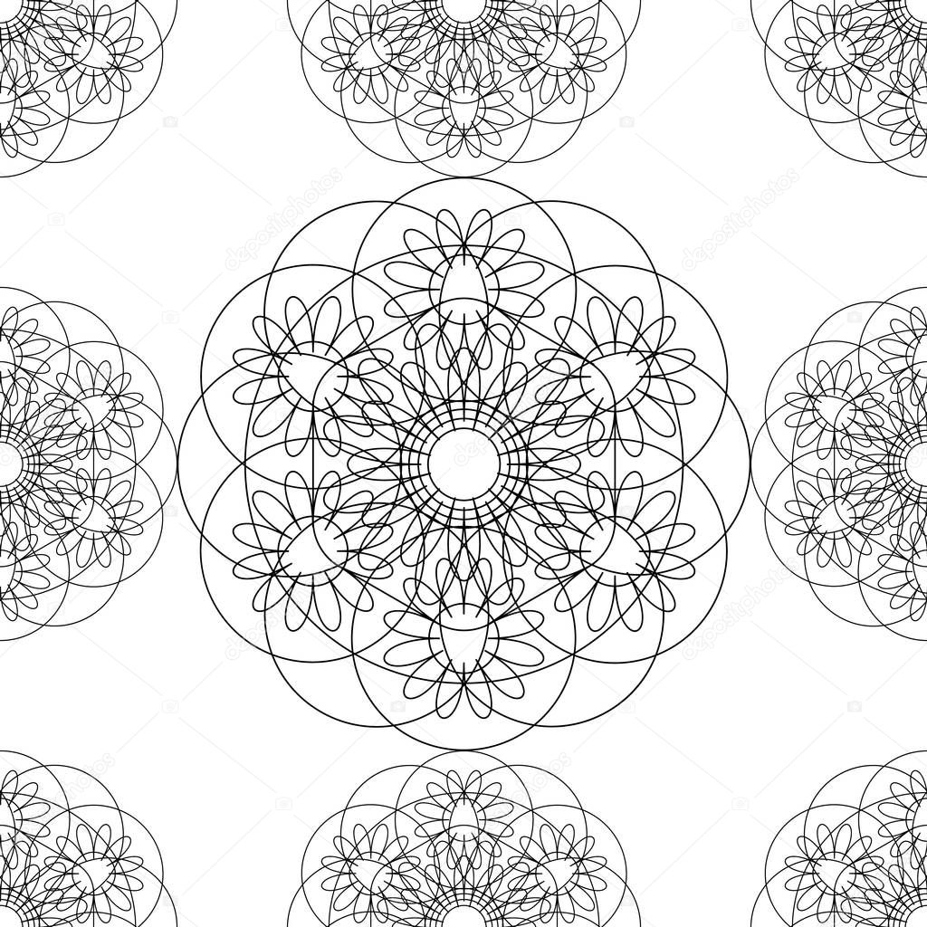 Flower mandala. Linear Graphics. Seamless pattern. Geometric symmetrical drawing. White background. Large Items