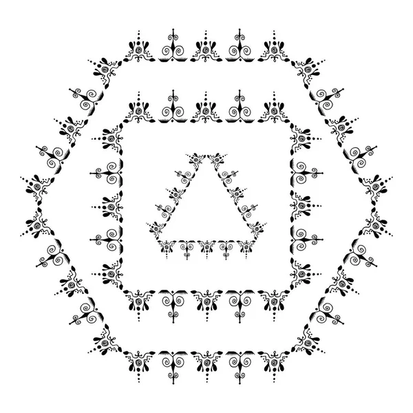 Sada Dekorativních Ozdobné Hranice Ohybem Trojúhelníkové Obdélníkový Šestihranný Rámce Dva — Stockový vektor