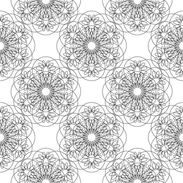 Mandala Blomma Linjär Grafik Seamless Mönster Geometriska Symmetrisk Teckning Vit — Stock vektor