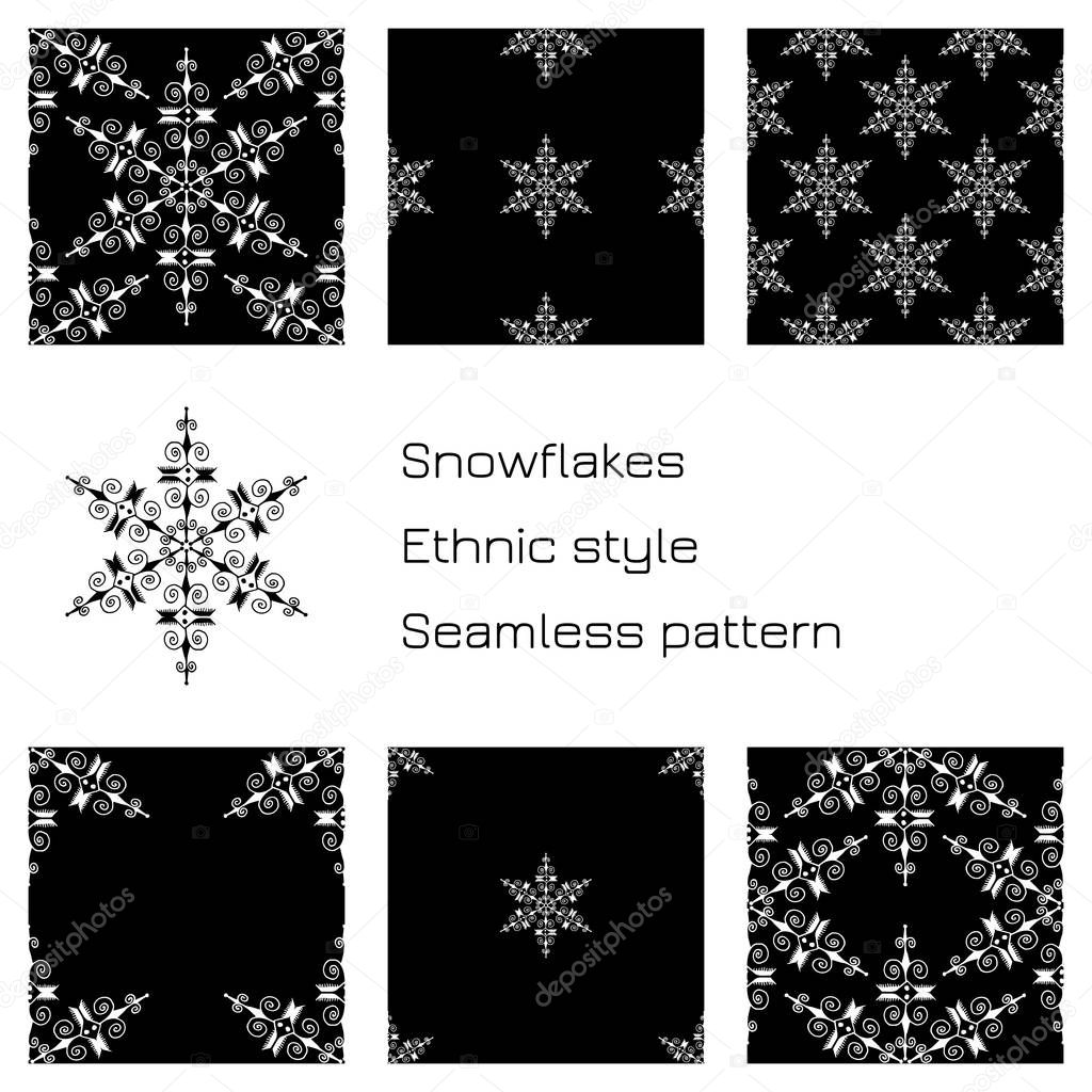 Set Snowflakes. Ethnic style. Black background. Seamless pattern. For winter, New Year Christmas projects