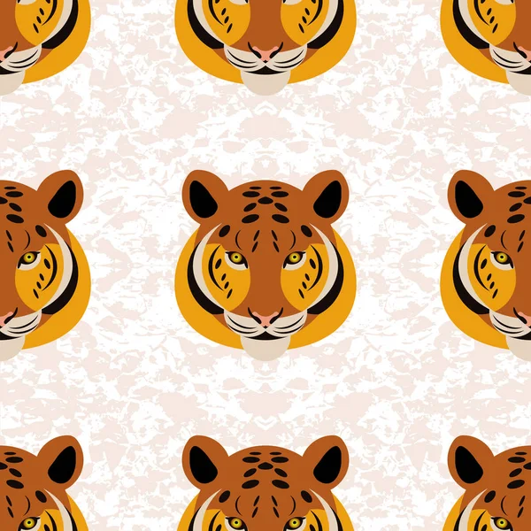 Tiger Kopf Grunge Textur Weißer Hintergrund Nahtloses Muster Cartoon Stil — Stockvektor