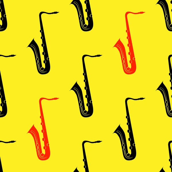 Jazz Concept Saxophone Seamless Pattern Black Red Elements Yellow Background — Stock Vector