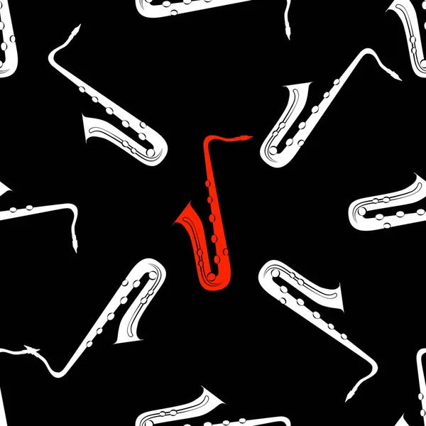 Джазовая Концепция Саксофон Бесшовный Шаблон Белый Красный Элементы Чёрный Фон — стоковый вектор
