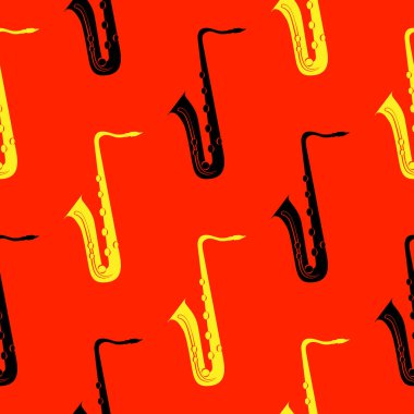 Caz konsepti. Saksafon. Seamless modeli. Siyah ve sarı öğeler. Kırmızı bir arka plan
