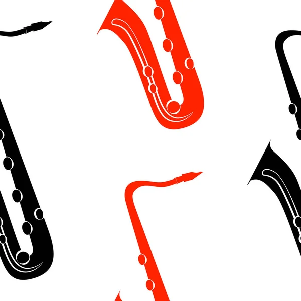 Concepto Jazz Saxofón Patrón Sin Costuras Elementos Negros Rojos Fondo — Archivo Imágenes Vectoriales