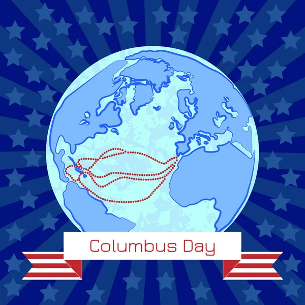 コロンブス記念日 米国の国民の祝日の概念 古代世界 コロンブスの航海ルート 光線と星の背景 碑文とリボン — ストックベクタ