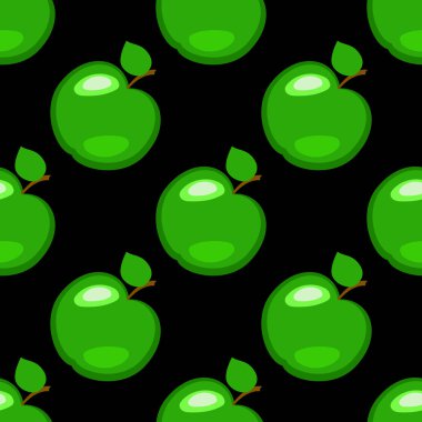 Elma. Meyve. Seamless modeli yeşil öğeler siyah arka plan