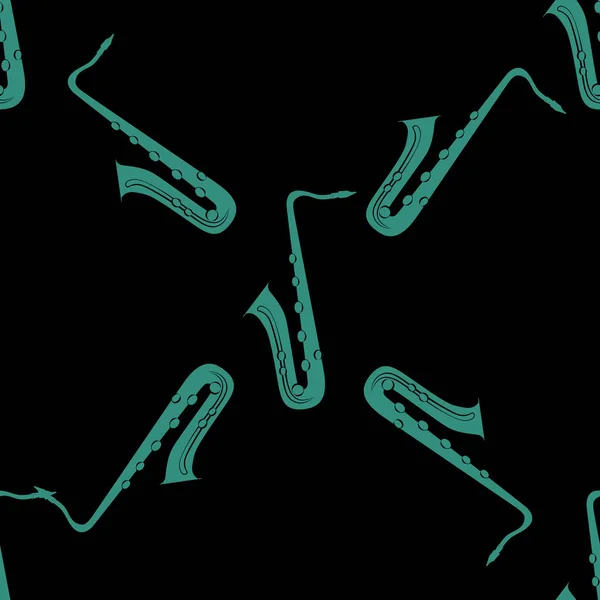 Джазовая Концепция Саксофон Бесшовный Шаблон Зеленые Элементы Черный Фон Вращение — стоковый вектор
