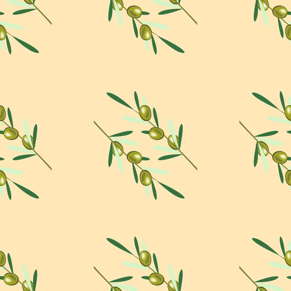 Zweige Von Olivenbäumen Nahtloses Muster Grüne Olivenfrüchte Blätter Beiger Hintergrund — Stockvektor