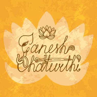 Ganesh Chaturthi. Hint Festivali. Bayram kavramı. 13 Eylül. El yapımı metin. Fil kafa, desenli, hançer, lotus Grunge arka plan
