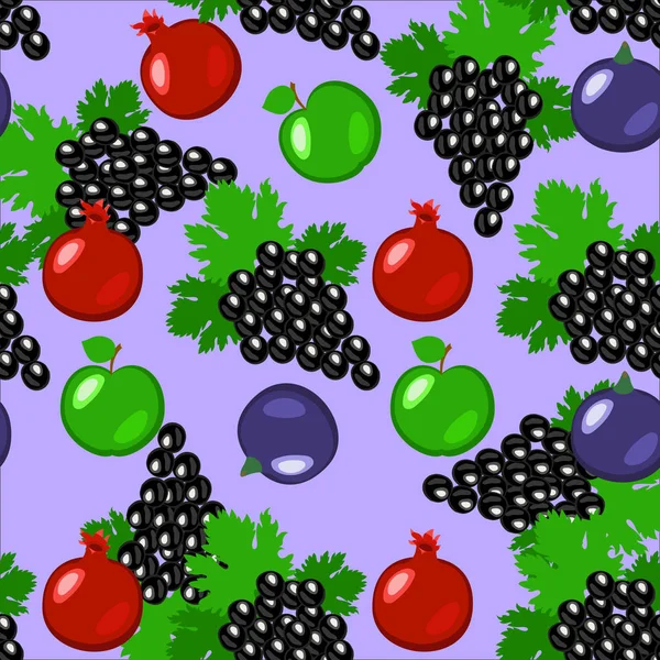 リンゴ ブドウ ザクロ イチジクのシームレスなパターン紫色の背景 — ストックベクタ