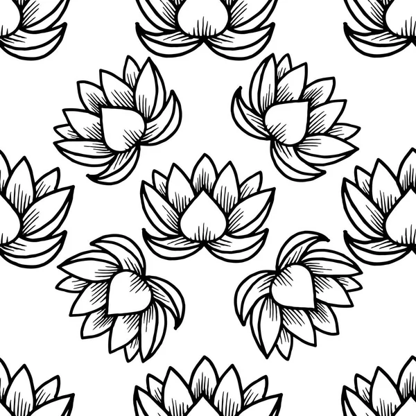 Lotus Seamless Pattern Oriental Indian Chinese Traditional White Black Rotate — Stock Vector