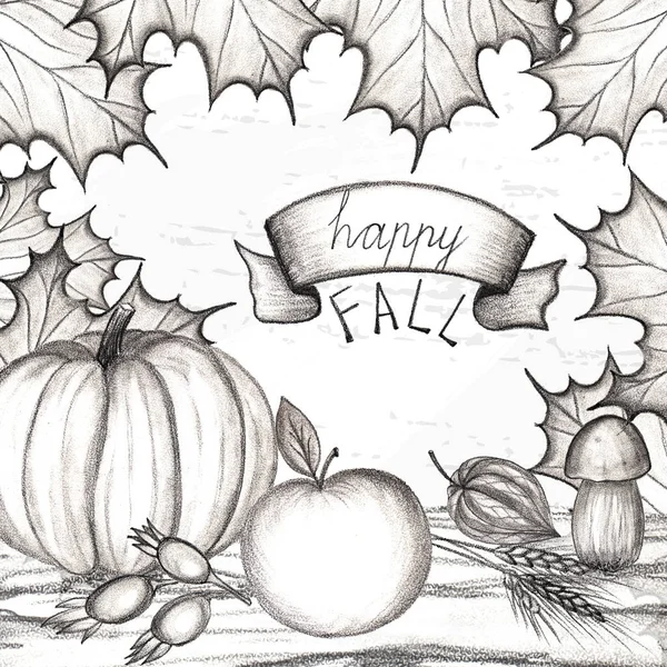 幸せな秋 秋と収穫の休日の概念 手描き 々の葉は メープル オークです カボチャ リンゴ キノコ 犬ローズ — ストック写真