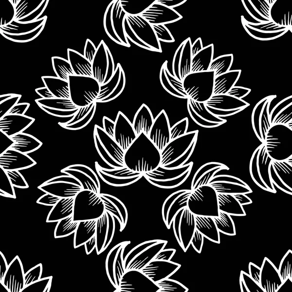 Lotus Seamless Pattern Oriental Indian Chinese Traditional White Black Rotate — Stock Vector