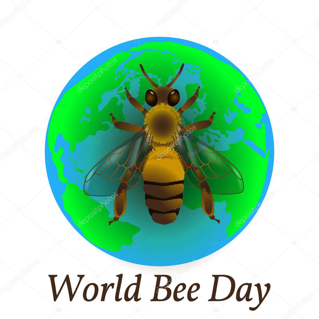 World Bee Day. Concept ecological event. 20 May. Realistic bee drawing. Planet Earth